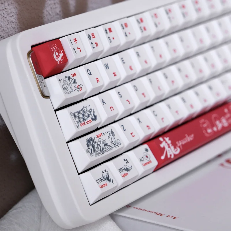 Coral Dragon Theme Keycaps Pbt Sublimation Cherry Profile Original Red White Color Matching Simple Mechanical Keyboard Keycaps