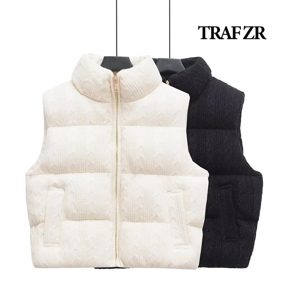 Traf zr relaxamento streetwear férias feminino zíper colete de malha com gola alta & bolsos frontais ferrolho texturizado slouchy feminino topos