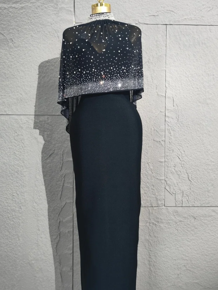 

Elegant Black Maxi Dress with Rhinestone Cape - Sparkly Crystal Detail 2025 New Perfect for Evening Gala