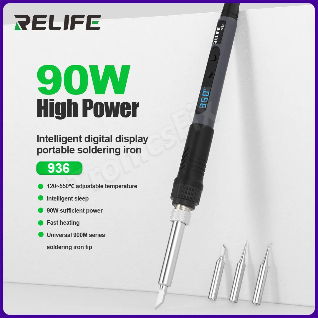 RELIFE 936 90W Intelligent Digital Display Portable Soldering Iron 120~550℃ Adjustable Supports 900M Series Soldering Iron Tips