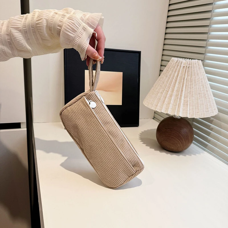 5pcs Cosmetic Bags Women Corduroy Plain Striped Double Zipper Multifunctional Long Storage Bag With Wrist