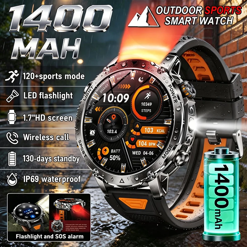 New Rugged Military SmartWatch 1400 mAh battery 1.7"AMOLED BT Call Health monitoring device SOS flashlight Smart Watches For man