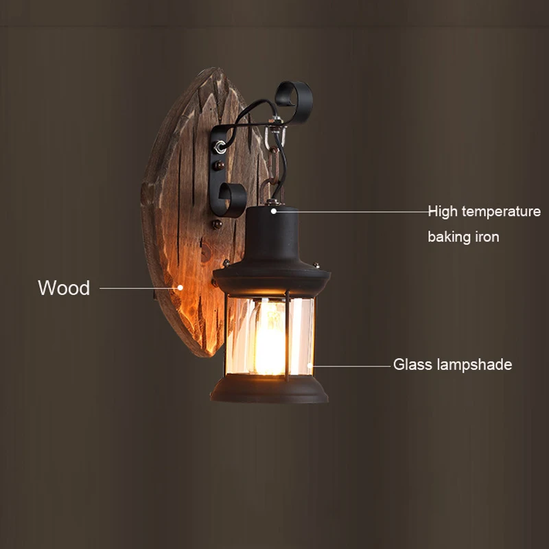 Farmhouse Vintage Lantern Wall Sconce Industrial Wooden Backplate Metal Wall Lamp Retro for Bedroom Cafe Bar Hallway Wall Light