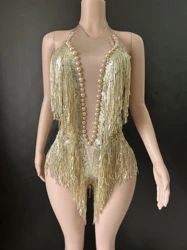 Strass cintilante feminino leotards borla, roupa de boate, trajes dançarina cantora, roupa de palco, bodysuit sexy desempenho, 7G