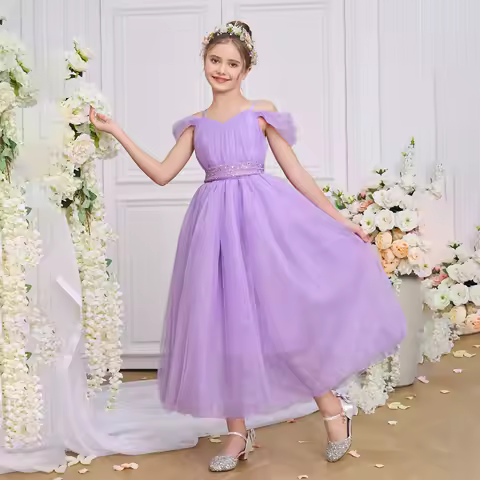 Elegant Sequin Bridesmaid Party Girls Dress Vintage Tulle Pageant Wedding Princess Dress for Kids Bow Birthday Evening Prom Gown