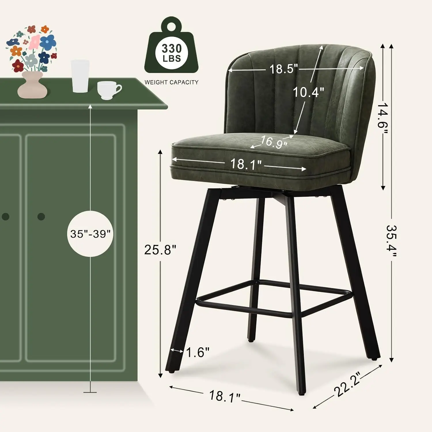 Swivel Counter Height Bar Stools Set of 2, 26'' Modern Barstools with Backs and Metal Legs, Upholstered Bar Chairs, Faux Leather