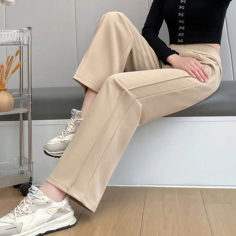 

Women's Silk Pants Lady Summer Loose Commuting Straight Leg Pants High Waist Trousers Thin Knitwear Solid Color Bottoming Pant