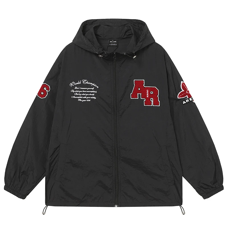 

Лето 202, мужская солнцезащитная куртка, уличная ветровка, пальто с капюшоном и вышивкой букв, устойчивый к ультрафиолетовому излучению университетский бомбер в стиле 90-х