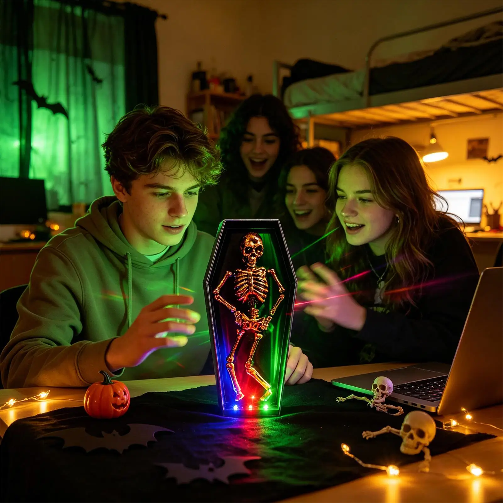 Halloween Skeleton Coffin Decoration Animated Sound Activated Realistic Skeleton with Green LED Lights Horror Sounds for Party