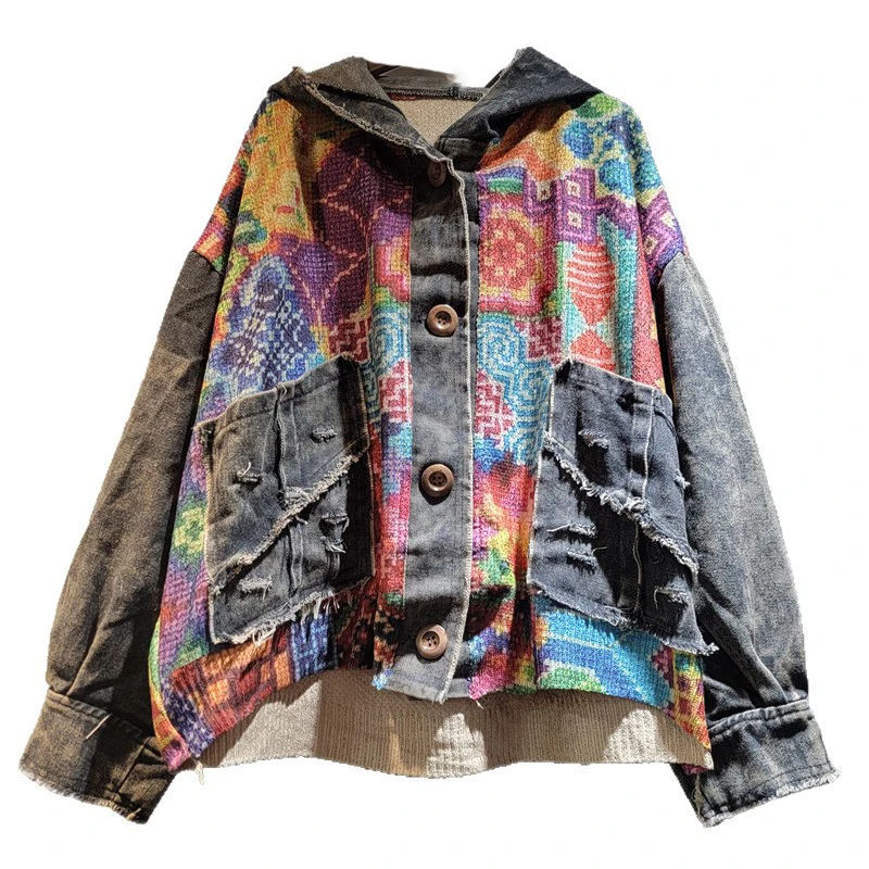WTHT ファッション不規則なコントラストカラーニットプリントフード付きデニムジャケット女性のための 2025 秋長袖コート女性 1LS2273