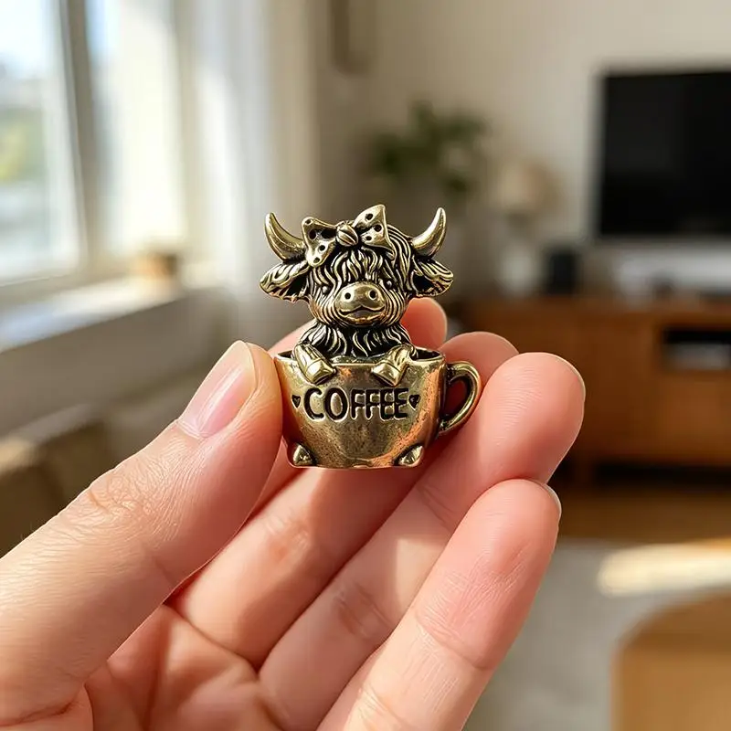 Vintage Brass Highland Cow Figurine Mini Bull Statue Fengshui Lucky Decor Desk Ornament For Home Office Creative Gifts