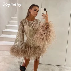 Doymeny Feather Long Sleeves Sequined A-line Short Formal Dress Party Dresses Cocktail Gown Celebrity Dresses vestidos de fiesta