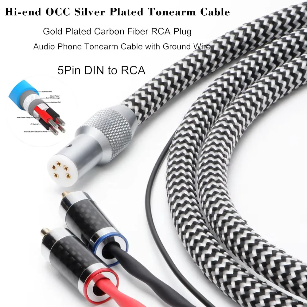 Hi-end OCC Silver Plated Tonearn Cable 5pin to 2RCA phono Cables Gold Plated Carbon Fiber RCA Plug LP Vinyl Phonogragh Cable