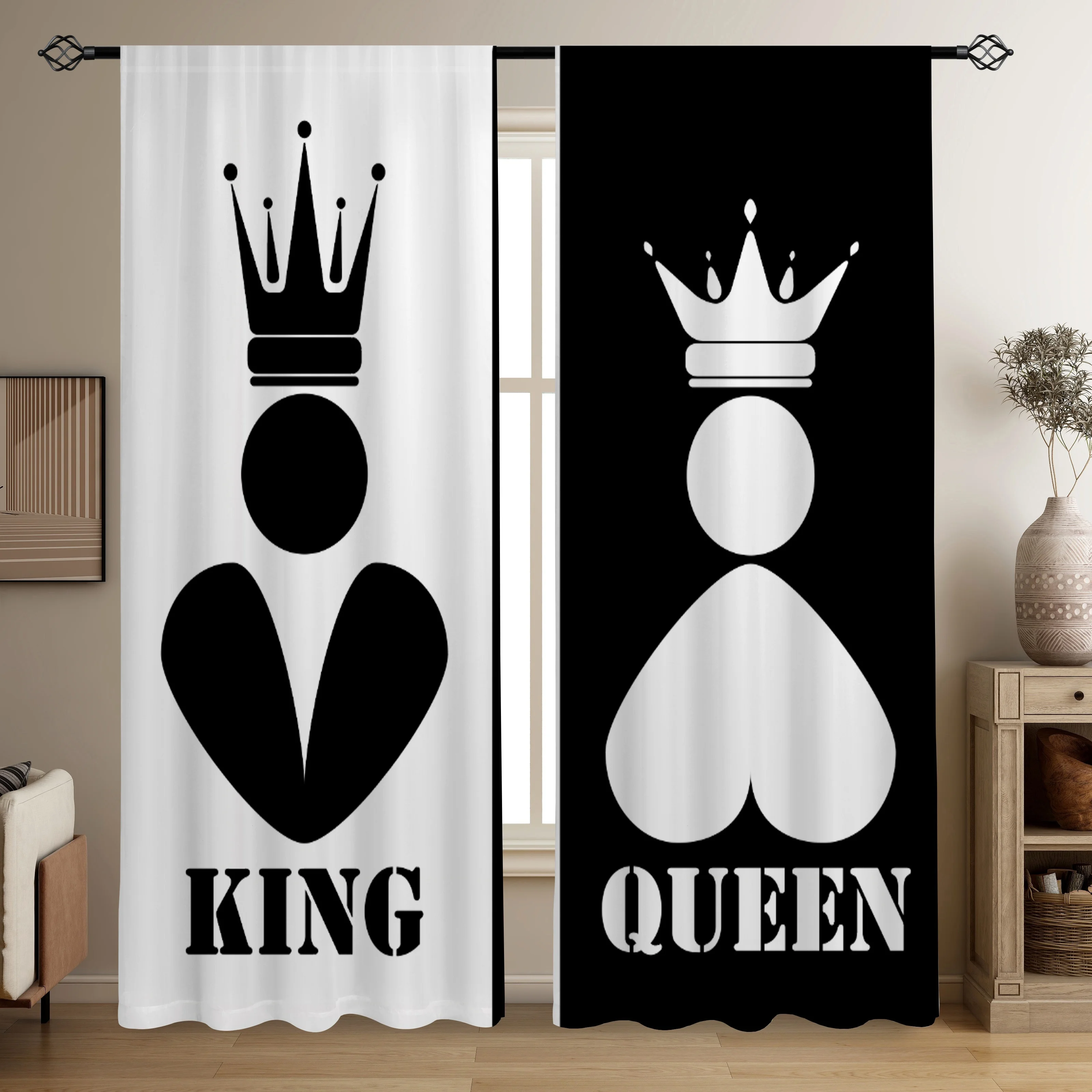 King Queen Curtain, Black White Chess Piece Pattern Drape, Royal Couple Window Treatment for Bedroom Living Room Game Room Home