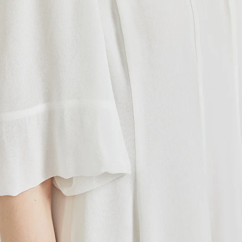 Voa chá branco três camadas georgette seda pura oco em torno do pescoço lanterna manga curta cintura vestido de seda doce ae2059