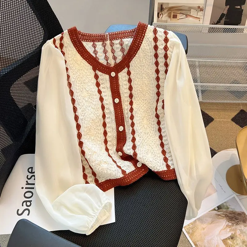 

Французская милая искусственная шифоновая рубашка из двух частей, женская вязаная кружевная рубашка, жаккардовая тонкая короткая рубашка, весна-осень 202, весна-осень