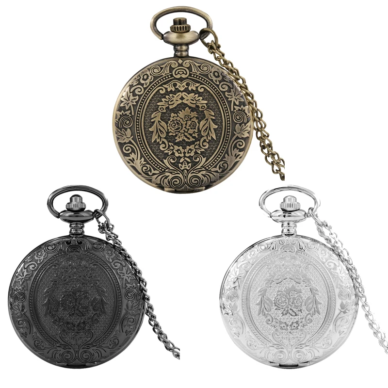 Vintage Flower Shield Pattern Retro Arabic Number Quartz Pocket Watch for Men Women Necklace Chain Reloj De Bolsillo Gift