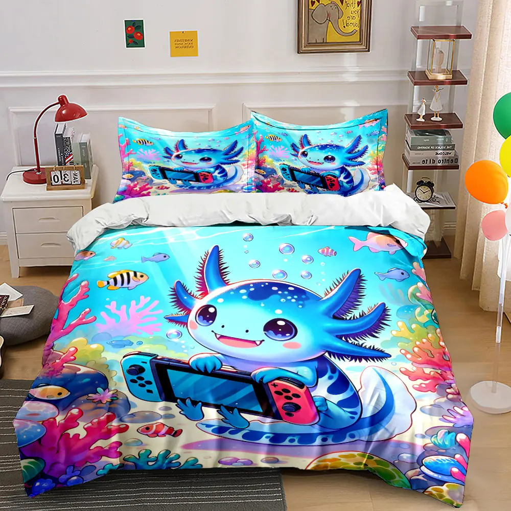 Adorable axolotl enjoying gaming fun Print Bedding set 3PC 1 duvet cover 2 pillowcases adult and children bedding set Luxury