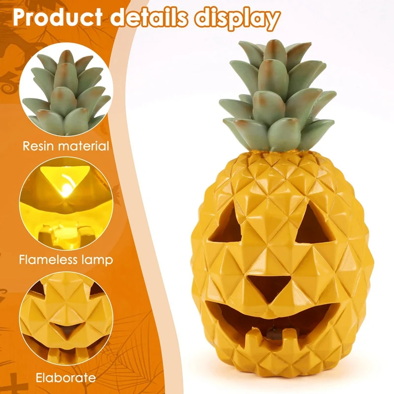 Lanterne d'ananas en résine avec lumière intérieure, lumière jaune, décoration d'Halloween