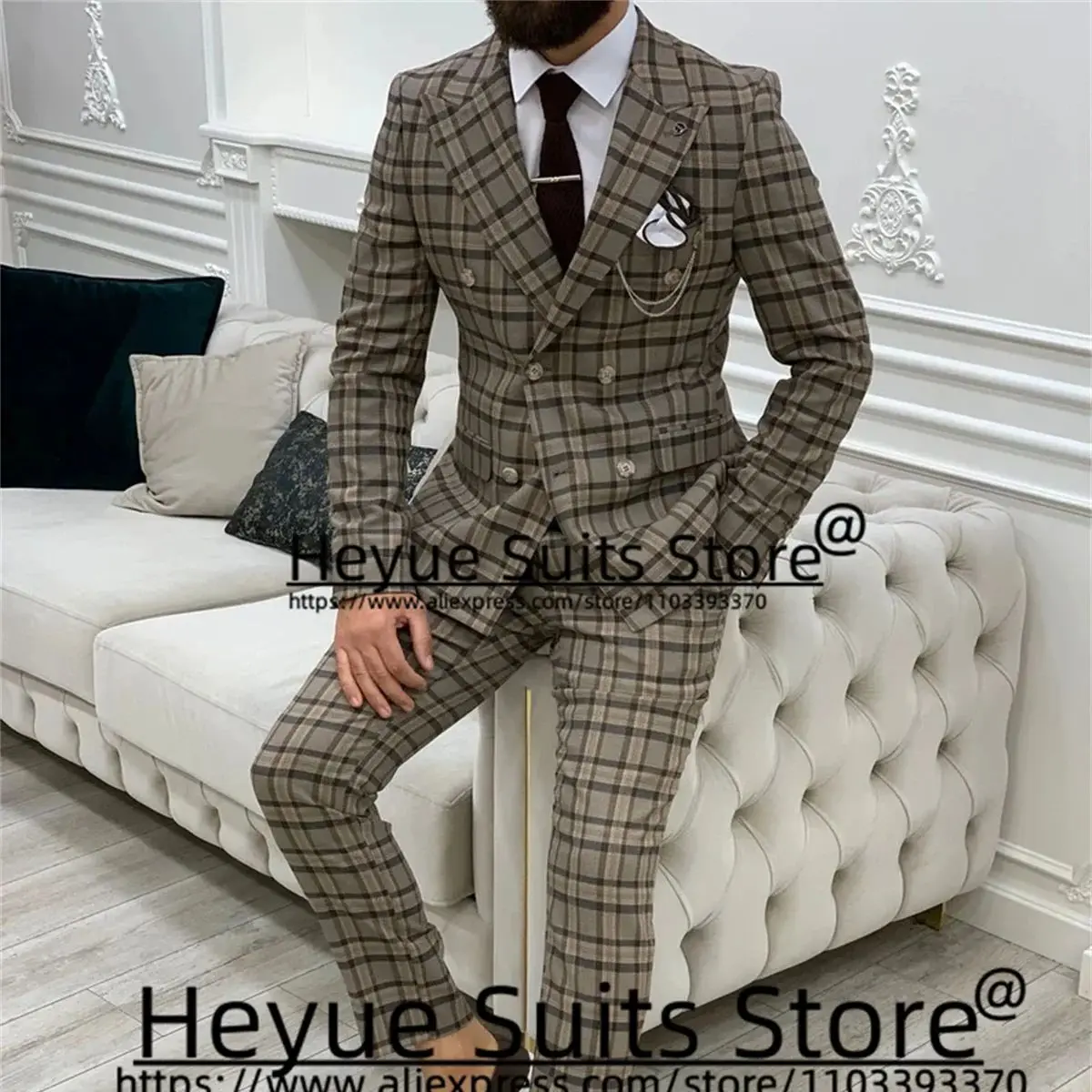 Klassieke Geruite Custome Heren Pakken Slim Fit Double-Breasted Bruidegom Formele Smoking 2 Stuks Sets Business Mannelijke Blazer Kostuum Homme