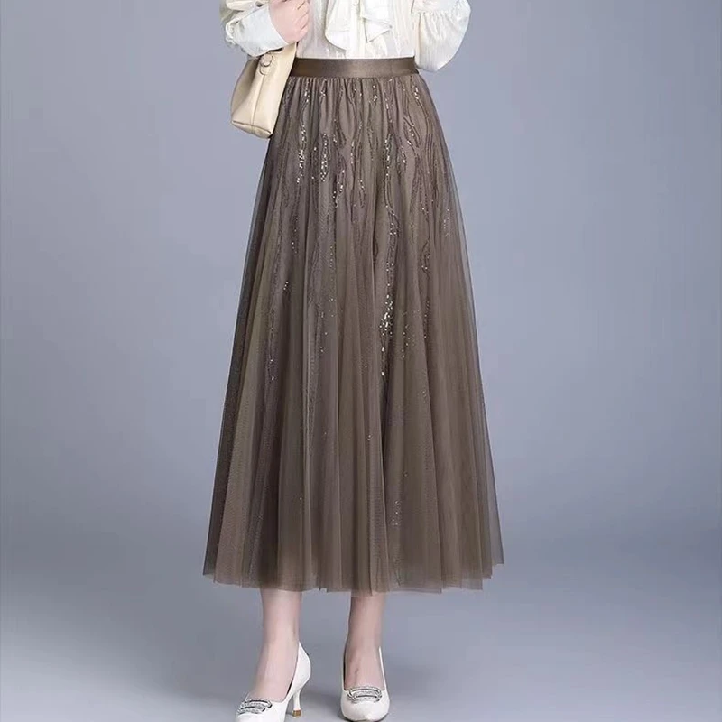 Elegante preto longo tule saias femininas casual cintura alta uma linha faldas largas coreano y2k roupas comprimento médio plissado saia alargamento