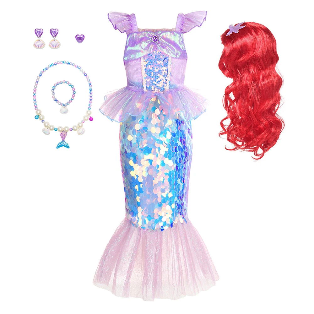 Baby Girls Carnival Mermaid Costume Ariel Sequins Bling Mermaid Purple Princess Dress With Accessories For Birthday Clothing