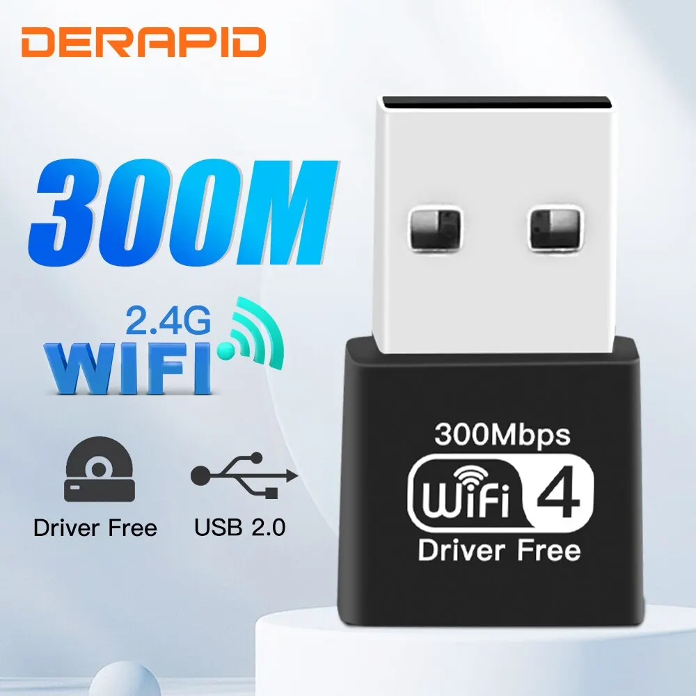 DERAPID WiFi USB Adapter 2.4Ghz 300M Wireless Receiver USB 2.0 Network Dongle For PC/Laptop For Windows 7/8/10/11 Driver Free