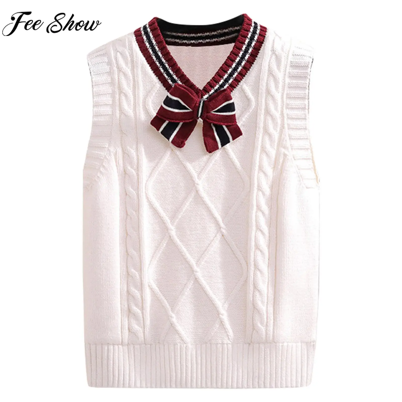 Little Girls Knitted Sweater Vest School Uniform V Neck Bow Tie Tank Top Schoolgirl Birthday Party Stage Performance Costume