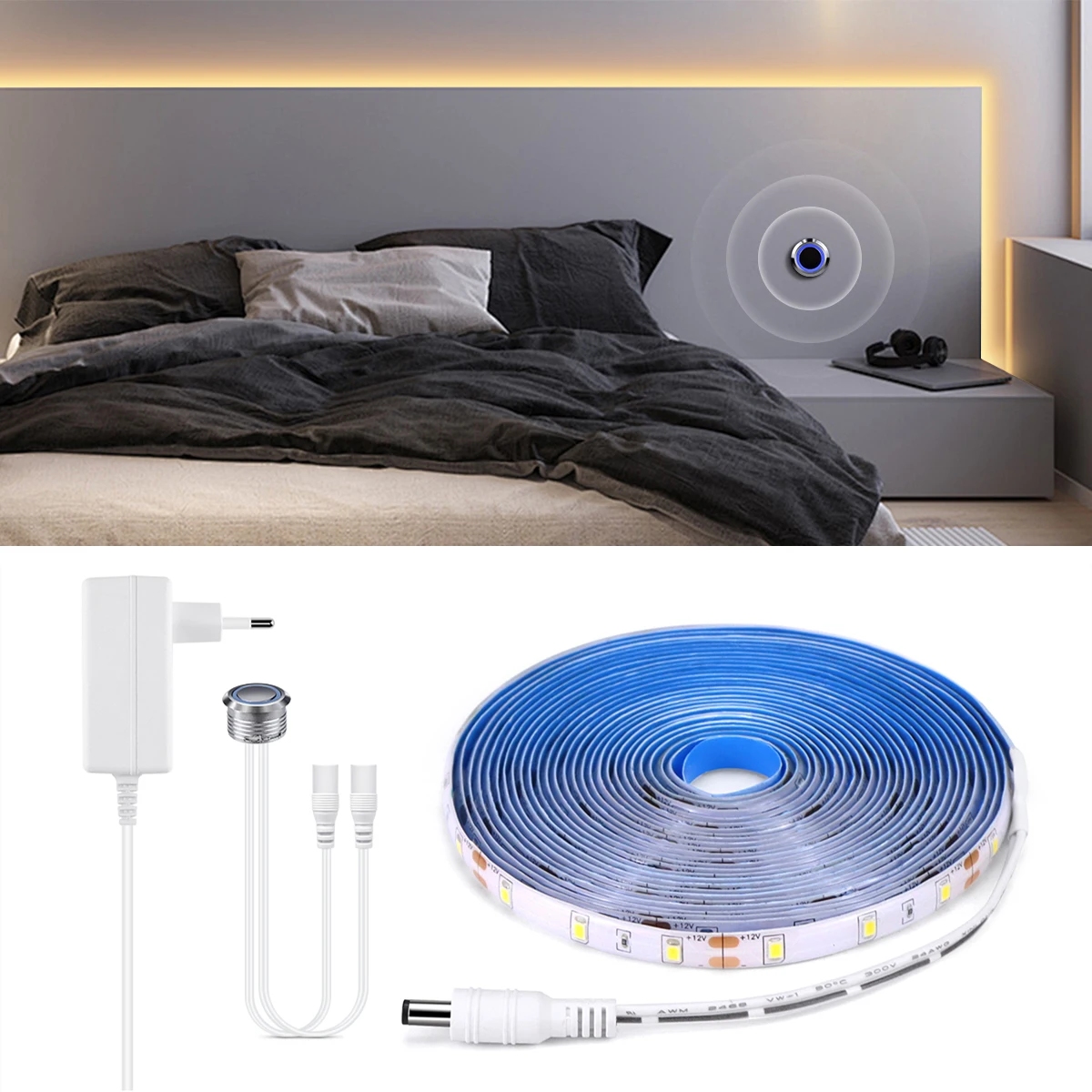 12V LED Strip Light Recessed Touch Induction Dimmer Switch Waterproof Flexible Tape Ribbon for Bedroom Kitchen Closet Backlight