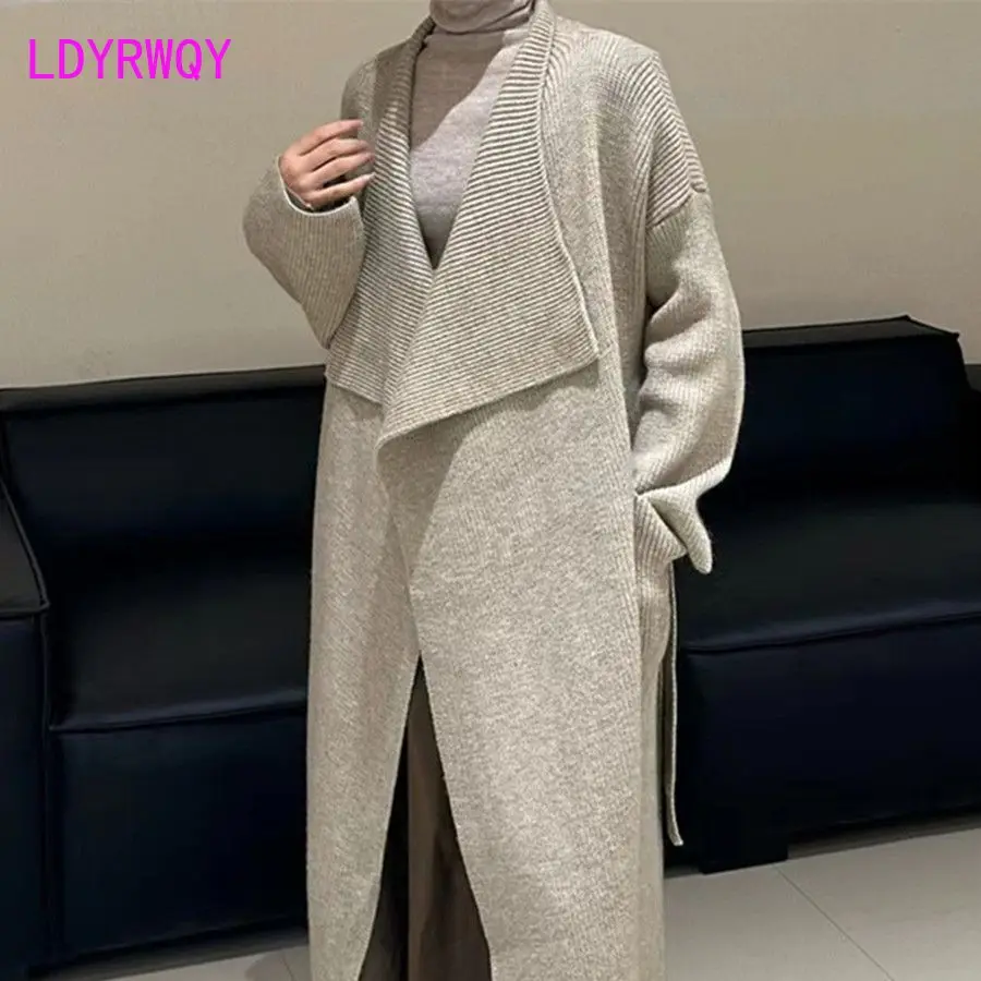 

Large lapel long knit cardigan women's 2023 new autumn and winter coat wool coat