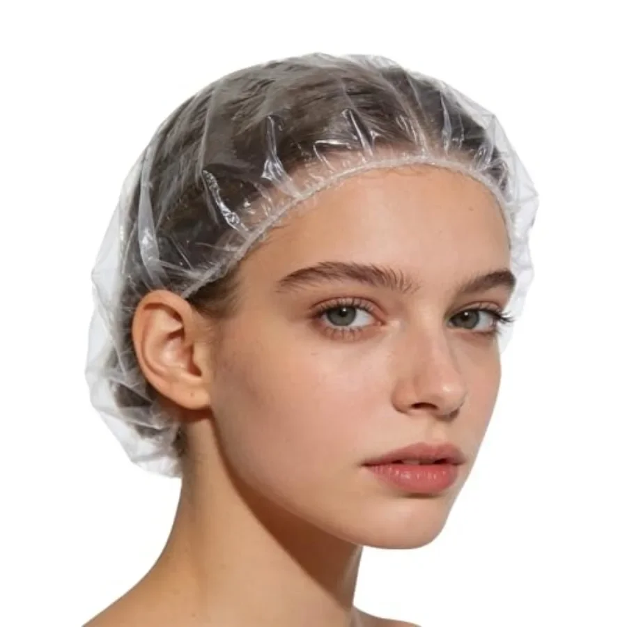 

100PCS Larger Shower Caps Disposable, Thicker Waterproof Plastic Elastic Hair Bath Caps, Plastic Hair Caps for Women, Spa, Home