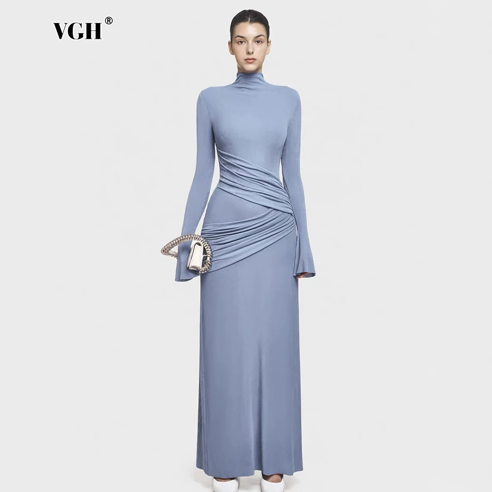 

VGH Minimalist Solid Elegant Long Dresses for Women Turtleneck Long Sleeve High Waist Slimming Spliced Folds Dress Female New