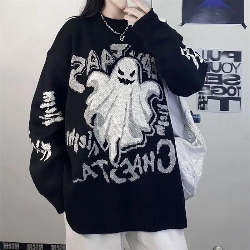 Deeptown Y2k Gothic Black Women Sweater Vintage Harajuku Oversized Japanese Fashion Knitted Pullovers Cartoon Print Autumn Ghost