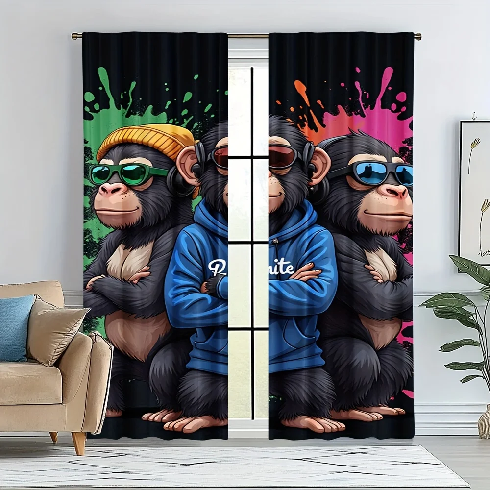 Cool Monkey Curtains Graffiti Style Print Cartoon Animal Window Drapes with Sunglasses for Living Room Bedroom Modern Home Decor