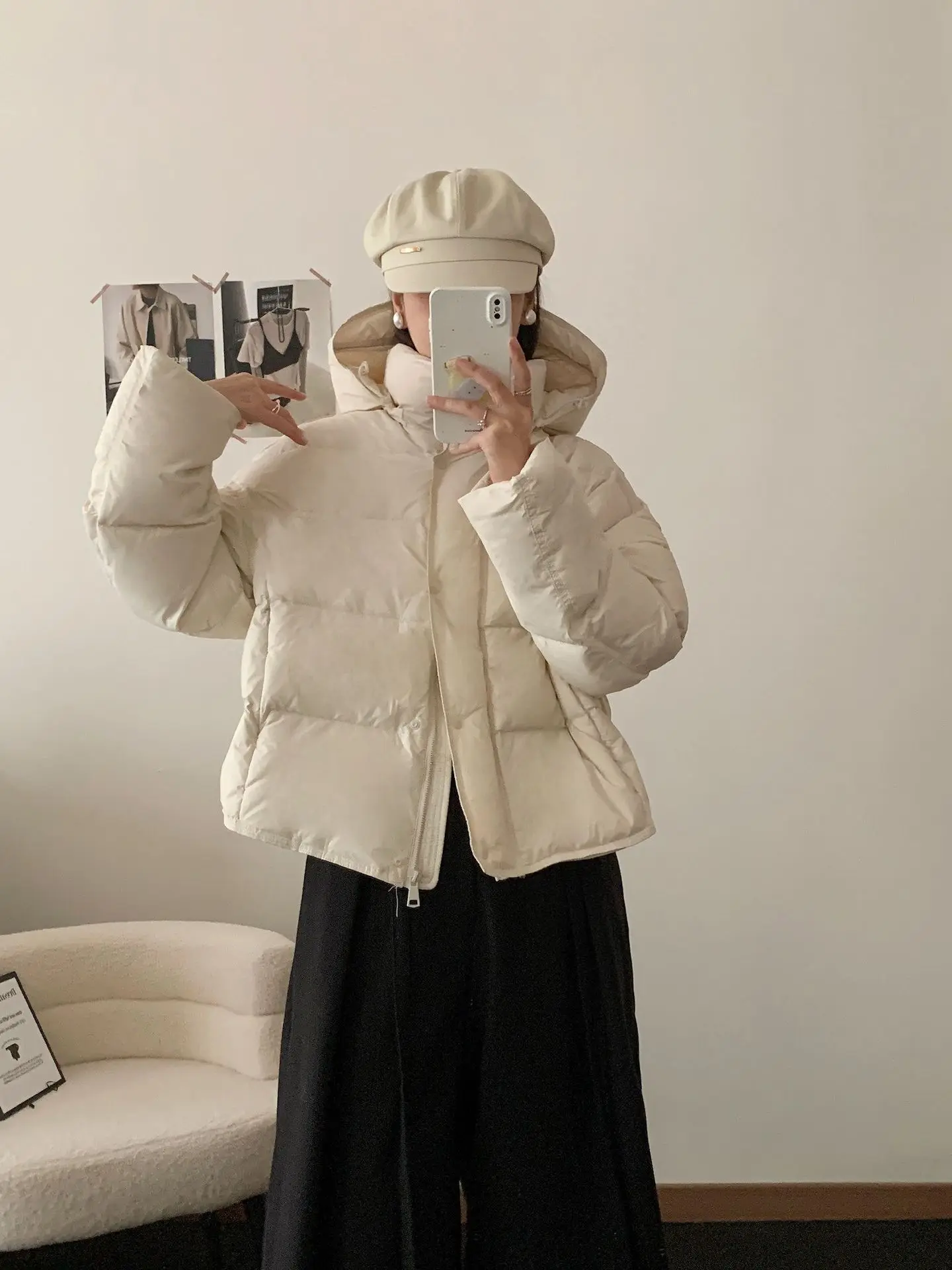 Korean Cropped Hooded Down Jacket for Women Winter Thickened White Duck Down Coats Woman Solid Color All Match Puffer Jackets