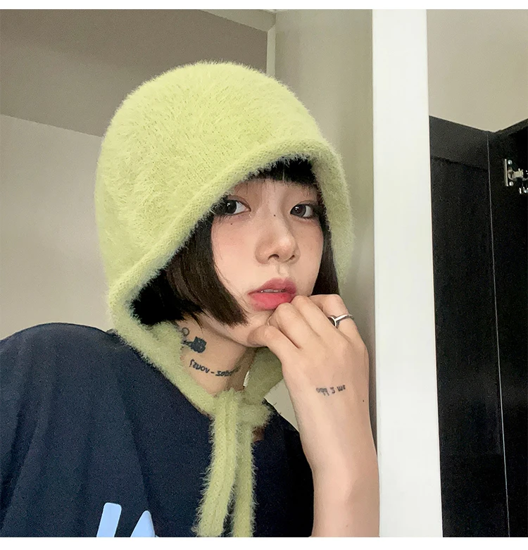 Y2K Cute Beanie Autumn Winter Women Warm Japanese Knit Hat Pile Caps Men Ear Protection Tie Pullover Hat Gorro Bonnet