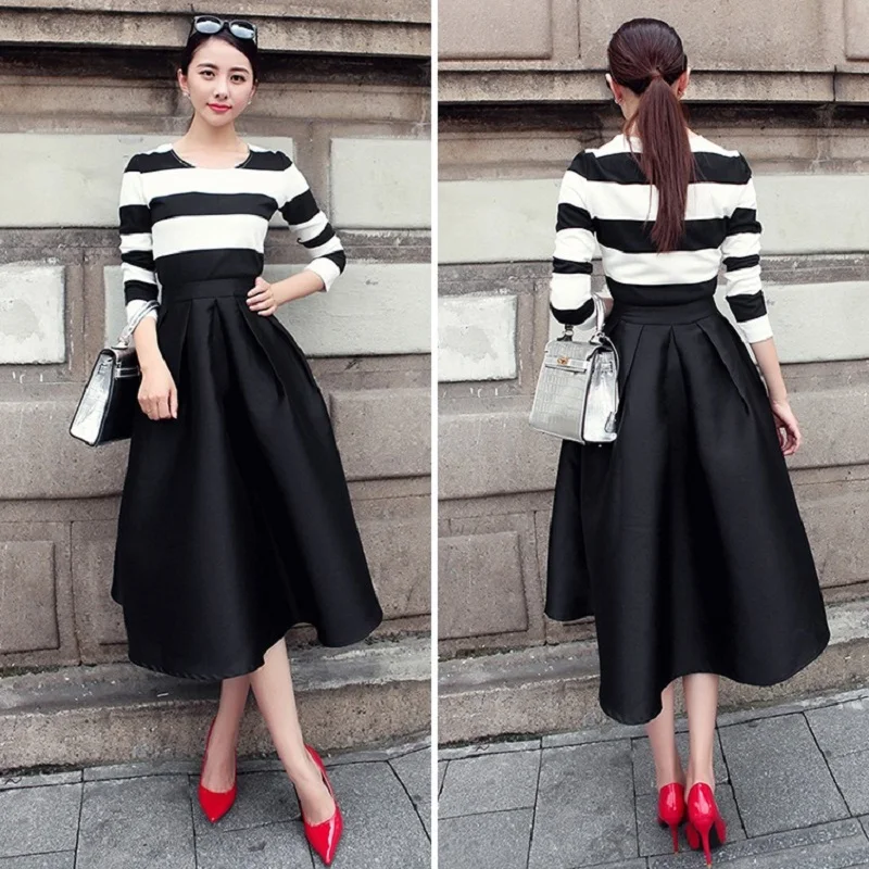 ฤดูใบไม้ผลิฤดูร้อนใหม่ผู้หญิง Hepburn จีบปุยเอวสูง Midi เข่า-ความยาว A-Line กระโปรงร่ม Pinki สีแดง Street Sle