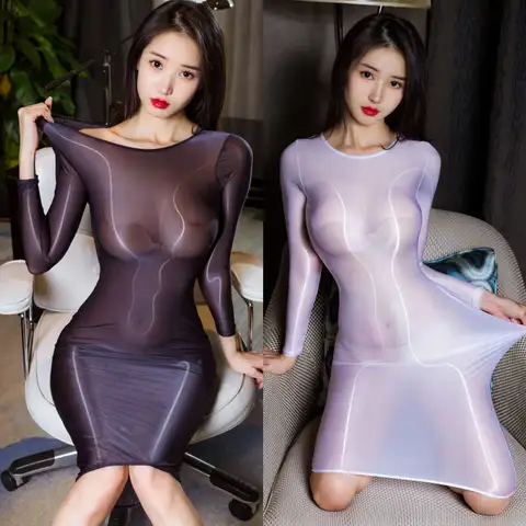 Smooth See-through Mesh Sexy Erotic Dresses Women Tight Stretch Wrap Hip Dressy Ladies Uniforms Temptation Intimate Clothes Sex