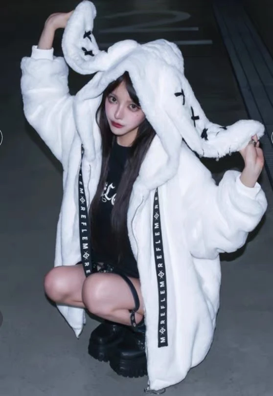 Mine Mass Mass Production Black White Faux Fur Jacket Winter Girls Sweet Cool Warm Thickened Soft Y2k Subculture Hooded Fur Coat