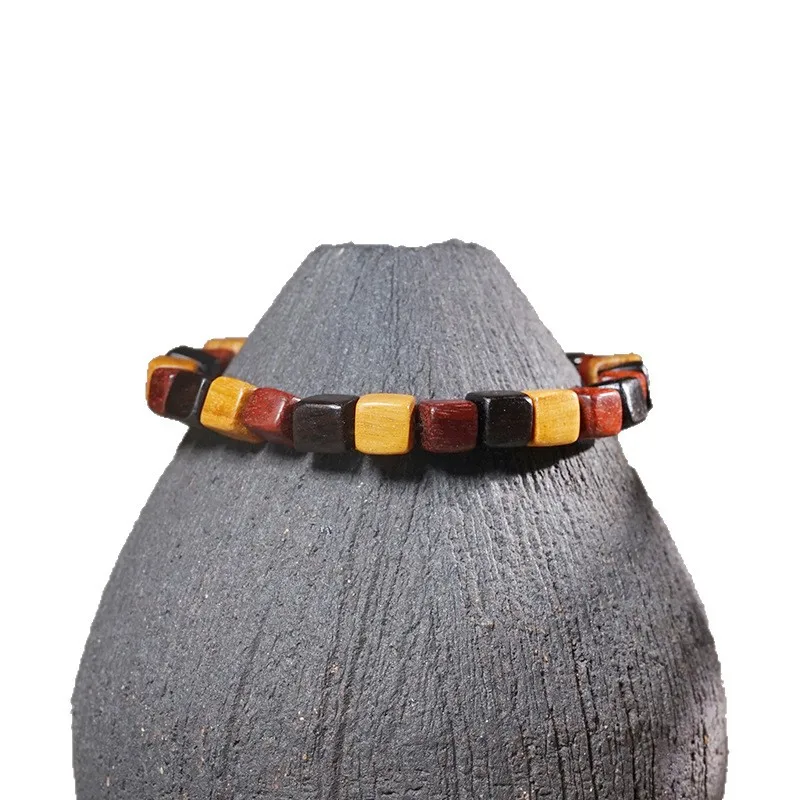 Natural Multi Treasure Square Candy Bead Single Loop Bracelet Unisex Black Sandalwood Beaded Cultural Play Festival Gift