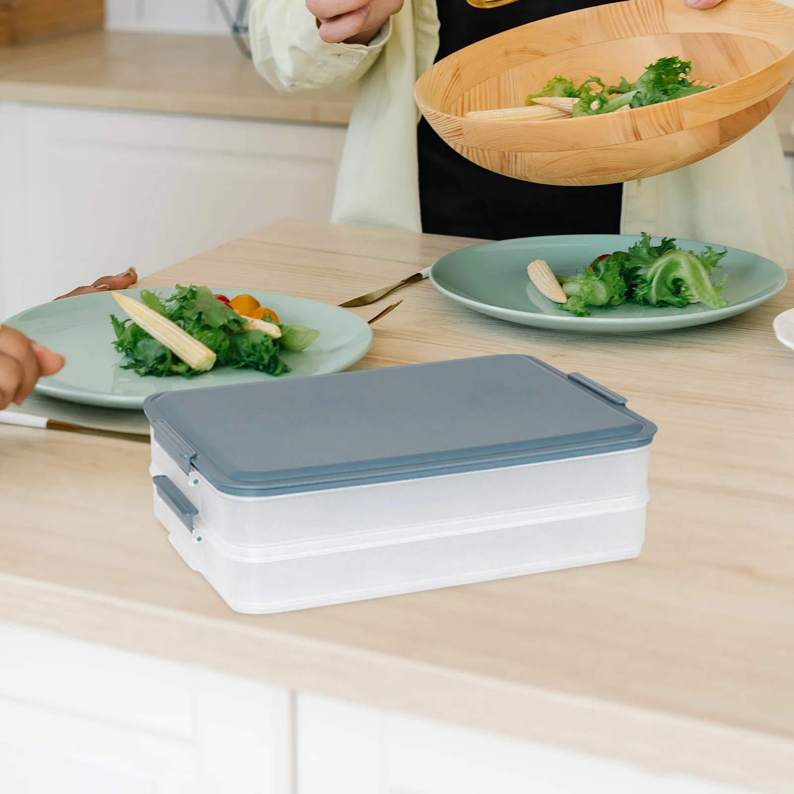 

1Pcs Fresh Storage Dumpling Box Sealed Household Ink Blue Versatile Food Tray Large Capacity Non-Stick Multi-Layer