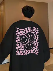 Pink Time Is Money Smile Face Design Mens Pullovers Creative Casual Tops Hip Hop Loose Hoodies Oversized Fashion Male Clothing