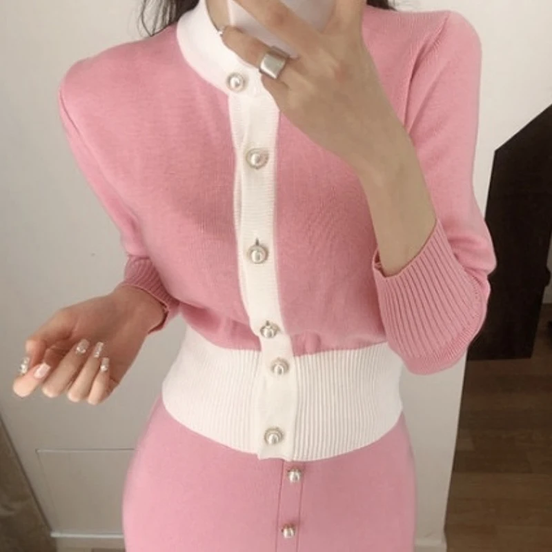 Women Autumn Pink/Black Colorblock O-Neck Single Pearl Breasted Knit Cardigan +Elastic Split Long Skirt Set OL Elegant