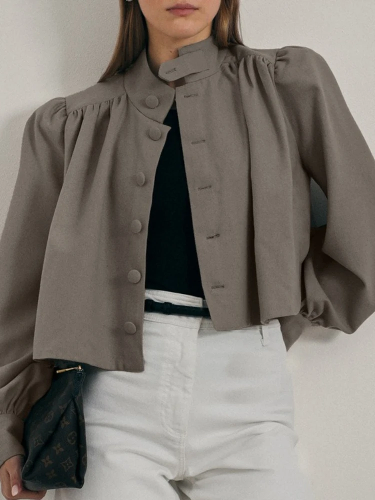 

Foamlina Elegant Khaki Cropped Shirt Coat Stand Collar Pleated Long Sleeve Button Down Retro High Street Office Blouse for Women