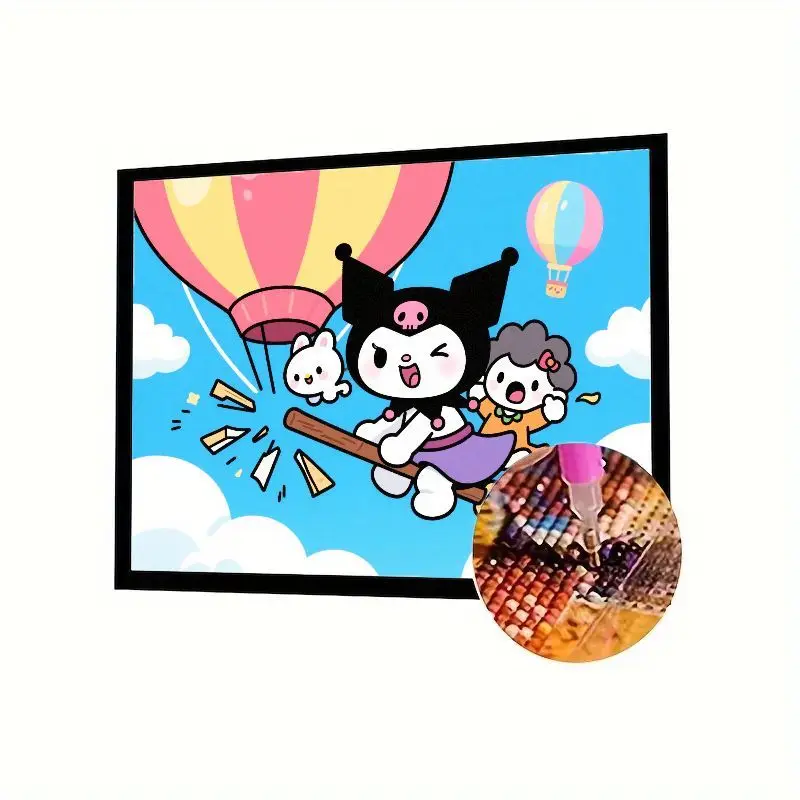 

1PC 5D Full Drill Round Diamond Painting Kit, Cute Sanrio Kuromi & Friends Flying on Broomstick with Hot Air Balloons, DIY Carto