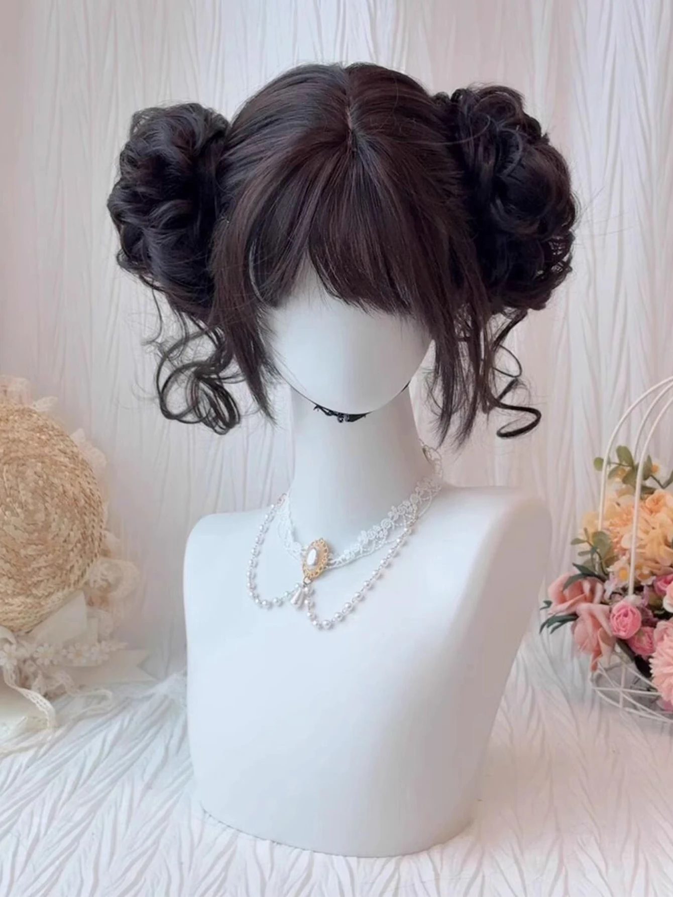 Short Straight Hair Claw Clip Double Ball Bun with Bangs Synthetic Wig Suitable for Women Daily Role Playing Heat Resistant
