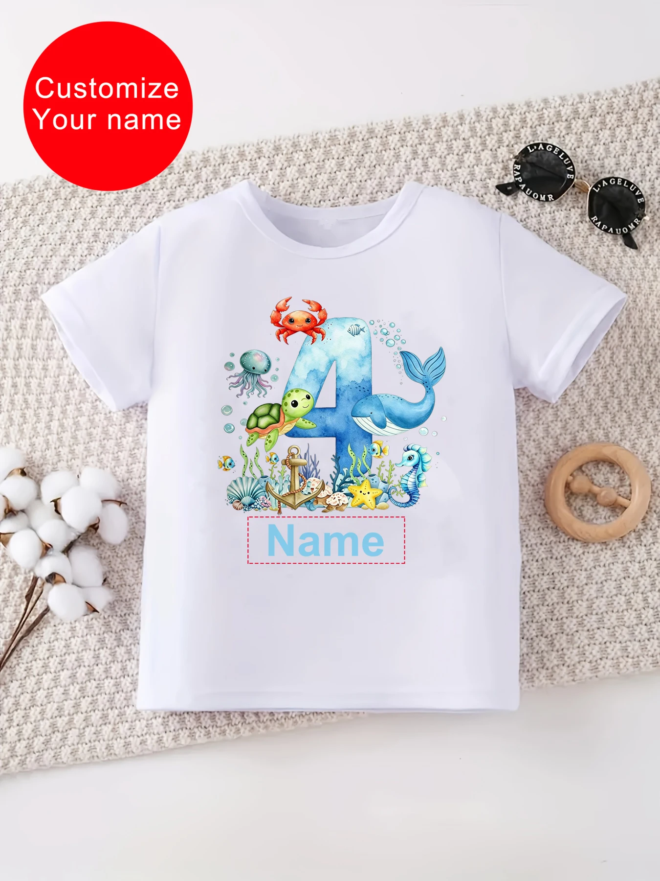 Customize Your Name 4th Birthday Crab Turtle Whale Fish Printed T Shirt Girls/Boys Kids Clothes The Best Birthday Gift T-Shirt