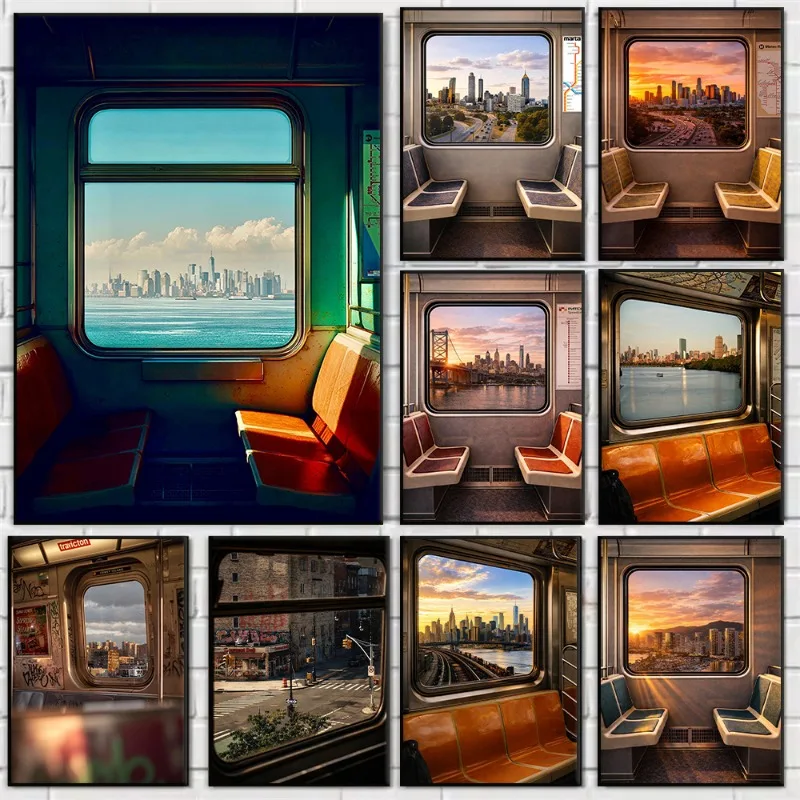 Train Subway Window Skyline View Poster Boston New York Chicago Sunset Cityscape Canvas Painting Wall Art for Room Home Decor