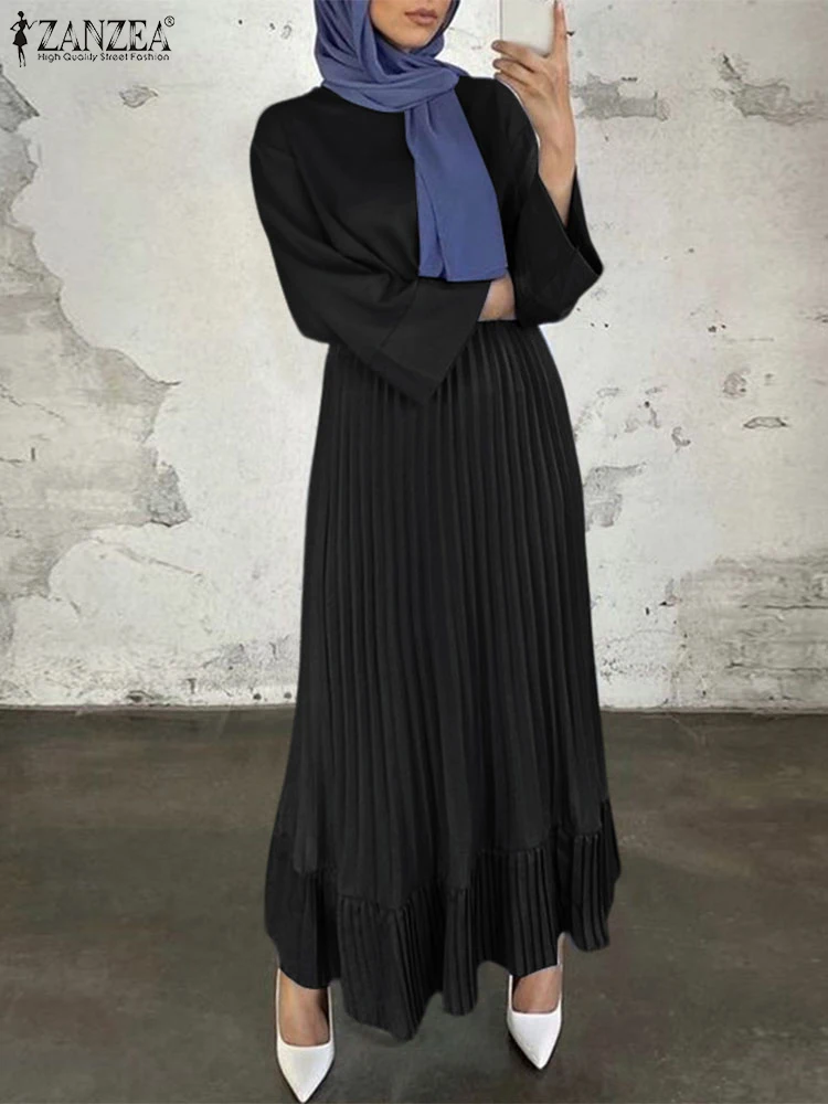 

2025 ZANZEA Autumn Muslim Islamic Hijab Dresses Turkey Abaya Women Elegant Long Sleeve Solid Pleated Sundress Eid Mubarek Robe