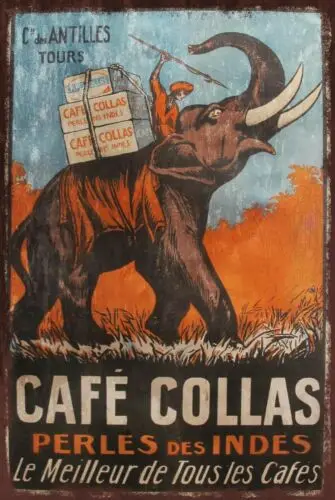 Cafe Collas Coffee Advert with Elephant Retro metal wall sign plaque, cafe, bar